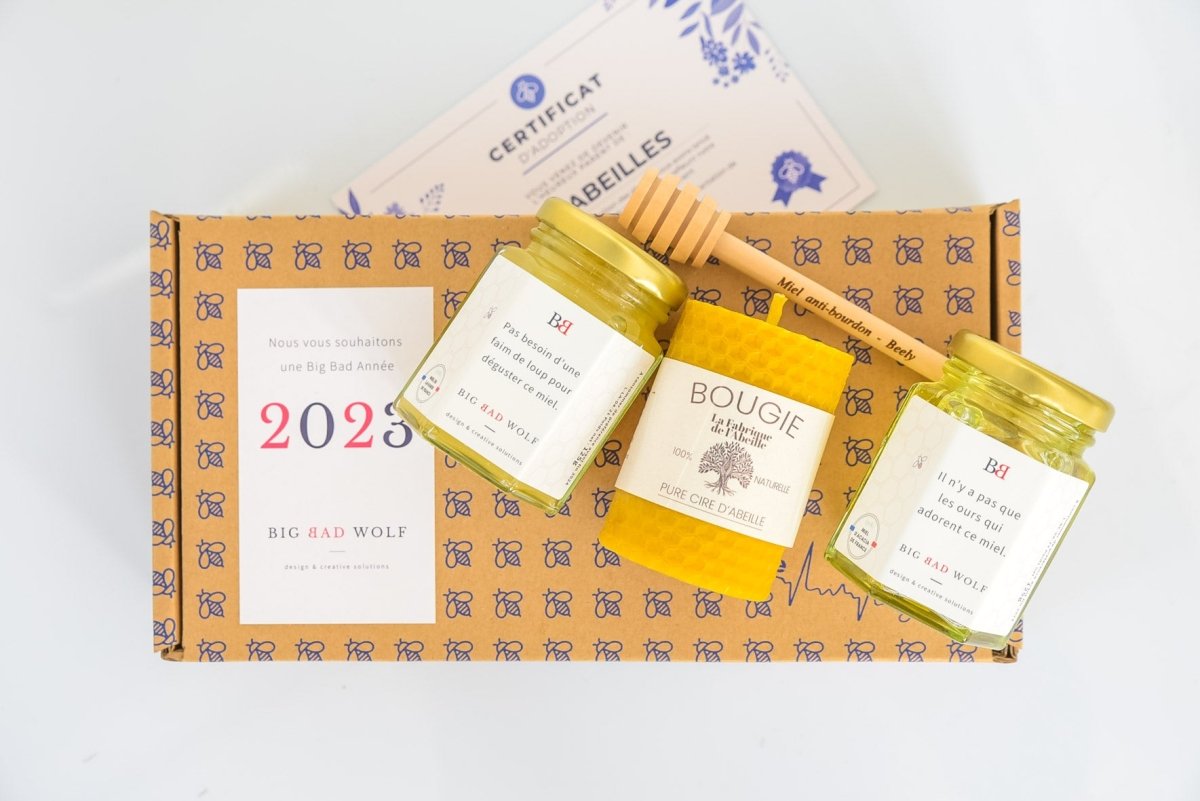 cadeau entreprise original avec 2 pots de miel et une bougie
