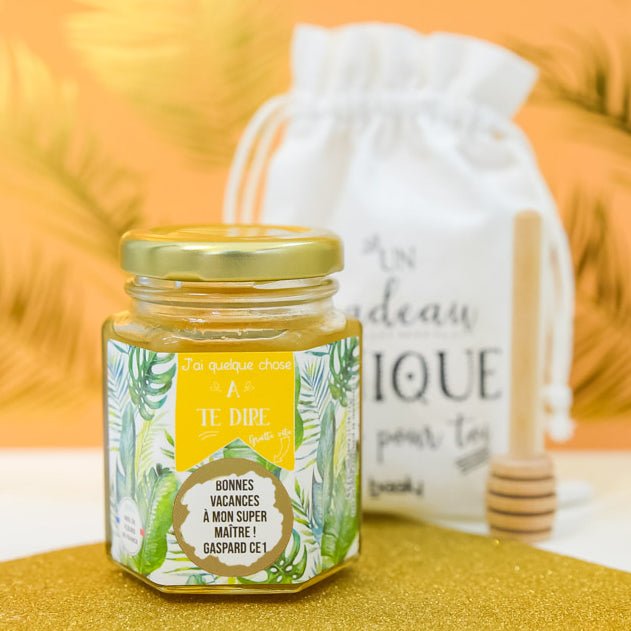 Cadeau personnalisé maitresse : kit de miel avec étiquette à gratter