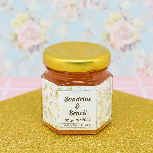 pot de miel de mariage chic et doré comme cadeau invité