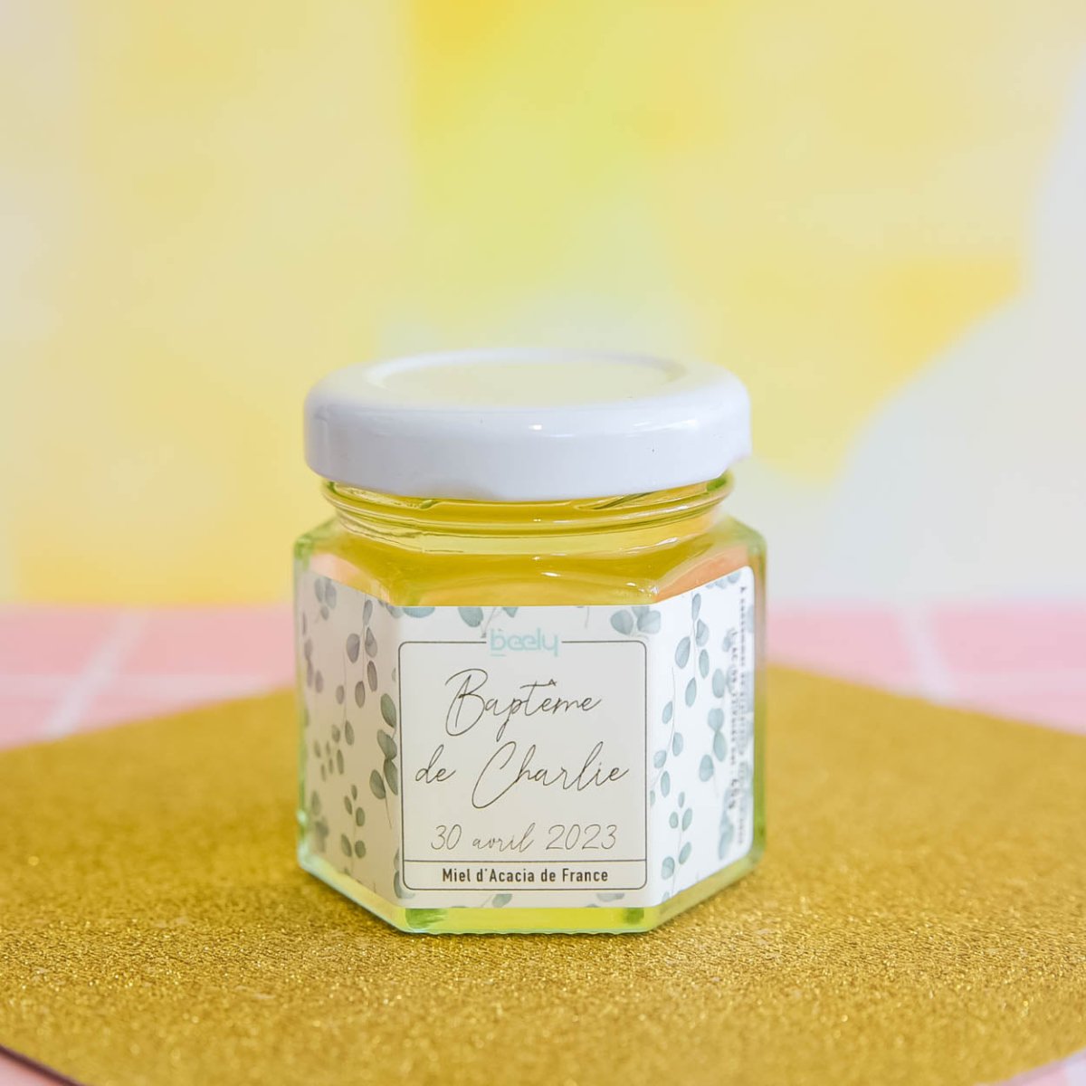 pot de miel personnalisé de bapteme design champetre