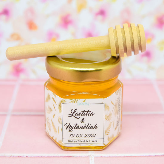 Pot de miel personnalisé thème doré cuillère en bois pour vos