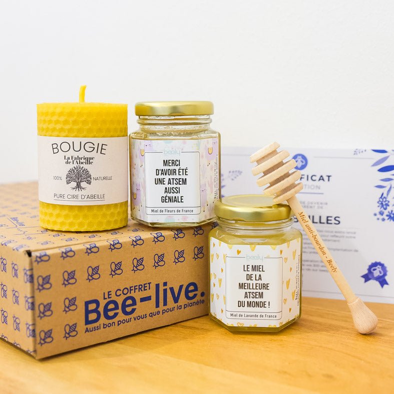 joli coffret cadeau de miel et bougie en cire d'abeille personnalisé