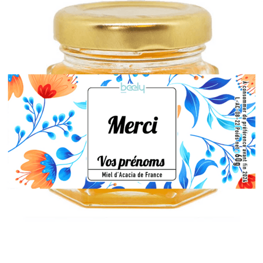 Pot de miel Merci + Prénoms des mariés